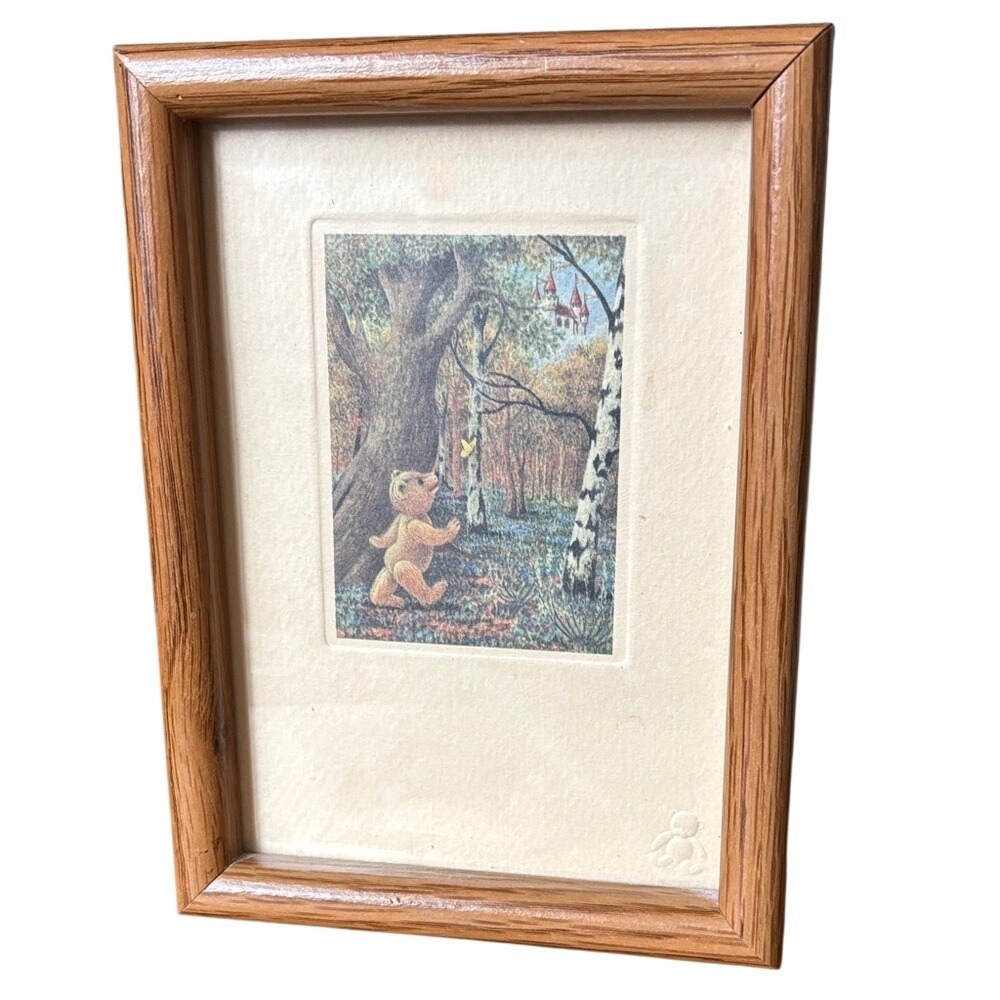 Vintage Joyce Hayashi Framed Teddy Bear Chasing Butterfly Print Framed Art‎ 7.5"